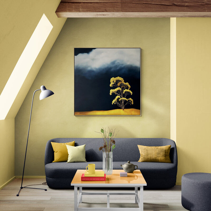The Quiet Gold original tree landscape painting by Australian artist Lucinda Leveille featuring a golden tree beneath dramatic storm clouds.