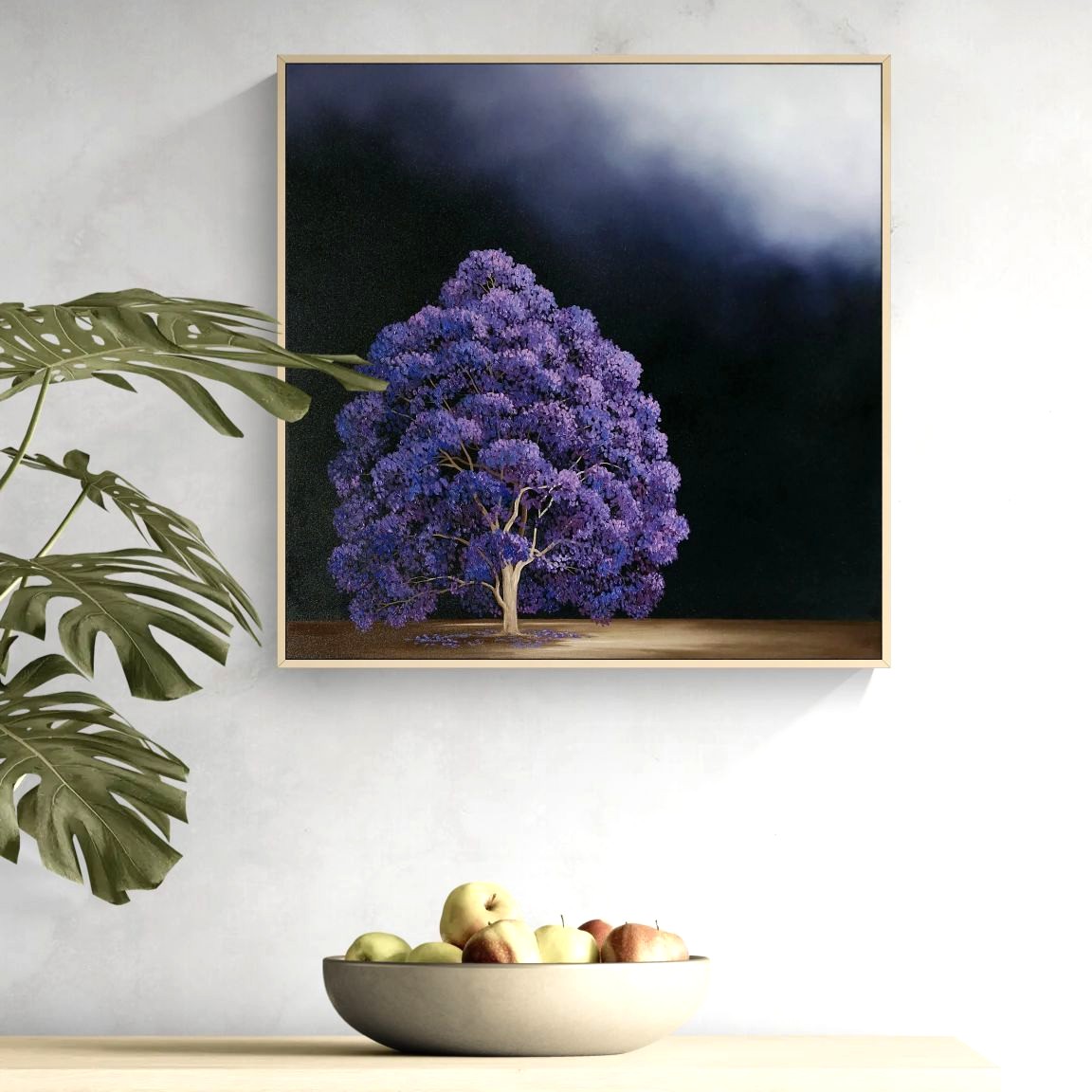 Original Australian jacaranda painting by Lucinda Leveille featuring a vibrant purple jacaranda beneath dramatic storm clouds. Atmospheric oil landscape on canvas.
