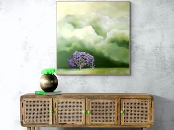 Large jacaranda painting featuring a flowering purple tree beneath dramatic green clouds. Original Australian landscape artwork by Lucinda Leveille.
