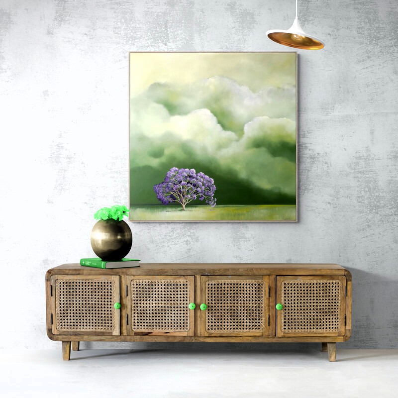 Large jacaranda painting featuring a flowering purple tree beneath dramatic green clouds. Original Australian landscape artwork by Lucinda Leveille.