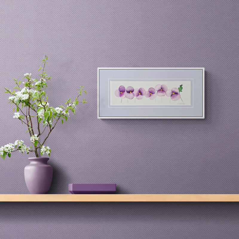 Original and exclusive watercolour by Lucinda Leveille, violet with yellow centre flowers, matted in soft azure pastel, ready for framing, gift wrapped