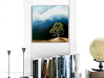 Atmospheric Australian landscape painting featuring a luminous green tree beneath dramatic storm clouds and approaching weather.