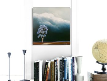 Atmospheric Australian landscape painting featuring a blue jacaranda tree beneath gathering storm clouds and a dark weather-filled sky.