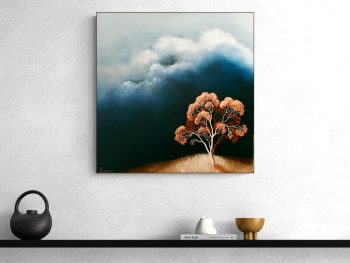 Atmospheric Australian landscape painting featuring a coral flowering tree beneath dramatic storm clouds and a dark moody sky.
