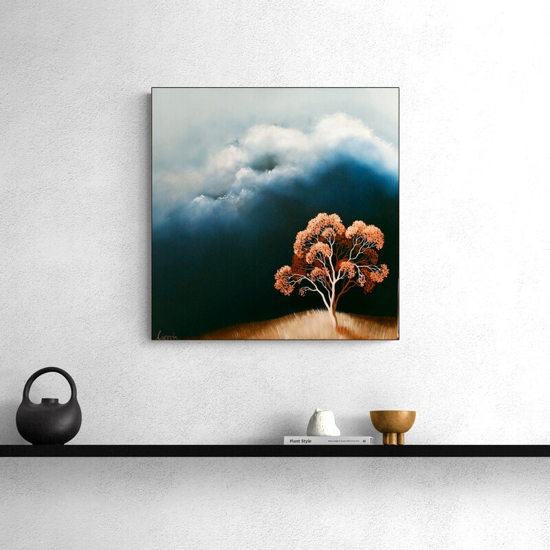 Atmospheric Australian landscape painting featuring a coral flowering tree beneath dramatic storm clouds and a dark moody sky.