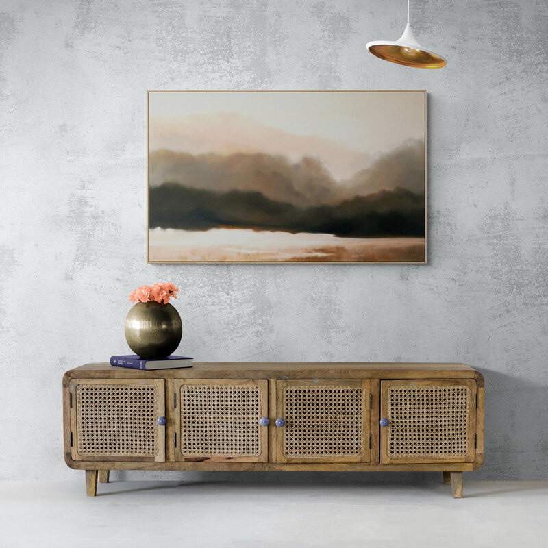 Large statement weather landscape painting featuring storm clouds, open land and returning light. Original oil painting by Australian artist Lucinda Leveille.