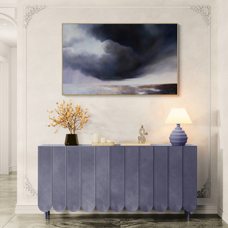 Large statement atmospheric landscape painting featuring gathering storm clouds over open Australian land. Original oil painting by Lucinda Leveille.