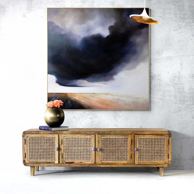 Large statement cloudscape painting with sweeping storm clouds and soft returning light over the Australian landscape. Original oil painting by Lucinda Leveille