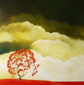 Cloudborne by Lucinda Leveille, an original Australian landscape painting with a flowering tree beneath dramatic skies, featured in a Charleston's Fine Art Auctions catalogue.