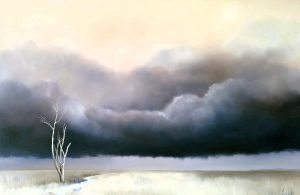Australian atmospheric landscape painting, Beneath the Heavy Sky, featuring dramatic storm clouds above an open landscape with a solitary white tree.