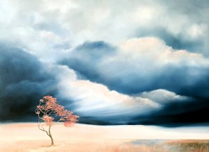 East Wind, an original Australian landscape painting by Lucinda Leveille featuring dramatic storm clouds sweeping across an open landscape with a solitary tree beneath a changing sky.