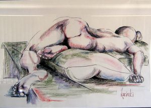 Original life drawing by Australian landscape artist Lucinda Leveille of a reclining female figure, combining fluid line, soft pastel tones and confident observational drawing.