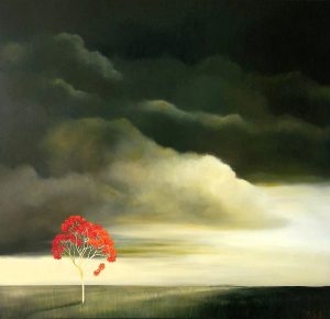 Red Sigil, an original Australian landscape painting by Lucinda Leveille featuring a luminous red gum tree beneath dramatic golden storm clouds across an expansive Australian landscape.