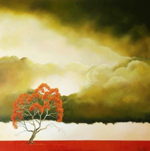 Songs of the Skyfield, original Australian landscape oil painting featuring a flowering gum tree beneath luminous Australian skies by Gold Coast artist Lucinda Leveille.