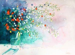 Soul Blossoms, an original Australian watercolour painting by Lucinda Leveille featuring delicate flowering branches in a glass vase, painted with luminous washes of turquoise, soft pink and vibrant coral.