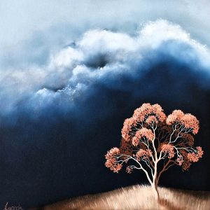 The Last Warm Light, an original Australian landscape painting by Lucinda Leveille featuring a solitary tree glowing beneath warm evening light and an expansive sky filled with rich colour.