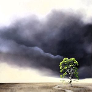 The Long Pause of Light, an original Australian landscape painting by Lucinda Leveille featuring a solitary tree beneath expansive skies, where soft light and distant clouds create a quiet, contemplative Australian landscape.