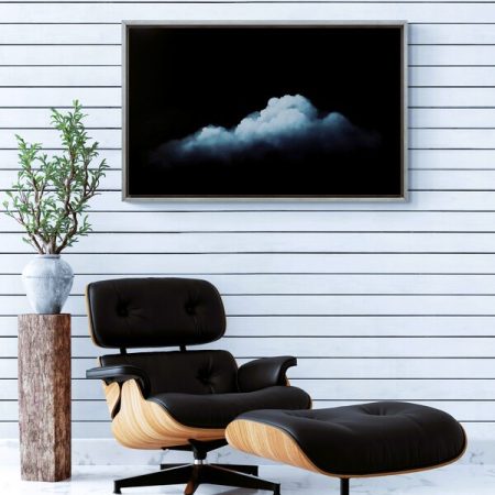 Contemporary cloudscape painting with layered weather patterns and subtle blue tones