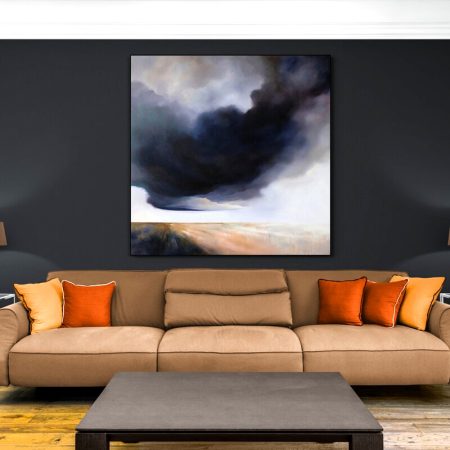 Australian atmospheric landscape painting featuring dramatic storm clouds and open countryside by Lucinda Leveille